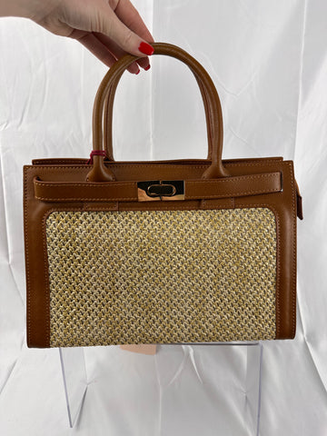 SAC A MAIN EN CUIR VERITABLE ET PAILLE PALMELLATO/CHAMEAU