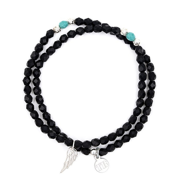 BRACELET-COLLIER 2 en 1 (2 TOURS ADO ET F NOIR MAT/TURQ ANGEL)