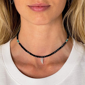 BRACELET-COLLIER 2 en 1 (2 TOURS ADO ET F NOIR MAT/TURQ ANGEL)