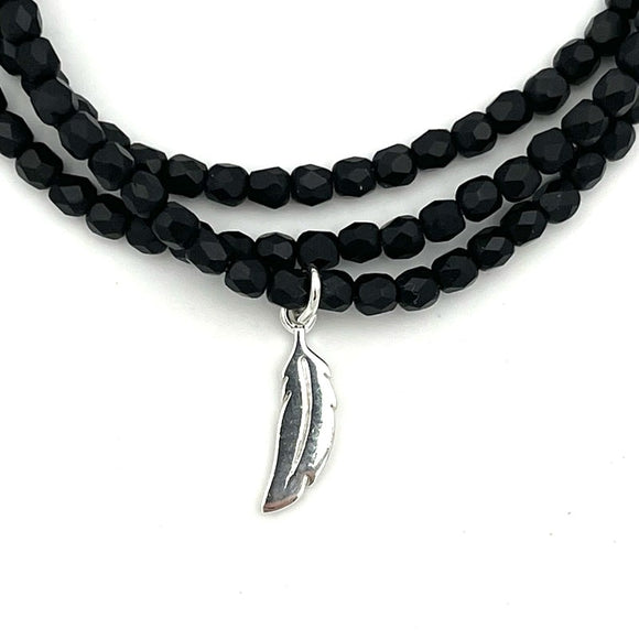 BRACELET-COLLIER 2 en 1 (3 TOURS F NOIR MAT PLUME NEW)