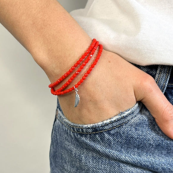 BRACELET-COLLIER 2 en 1 (3 TOURS F ROUGE PLUME NEW)